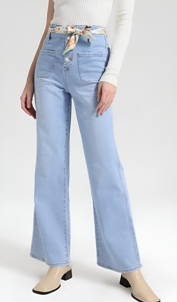 Pantalone Donna Jeans Tasche Cintura Foulard Bottoni Casual - LE STYLE DE PARIS
