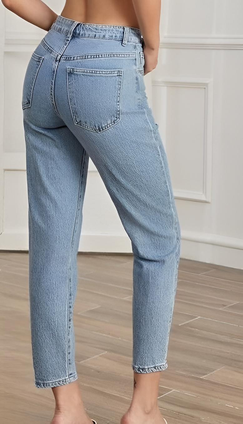 Pantalone Donna Jeans Bottone Tasche Strass Cotone Slim Casual