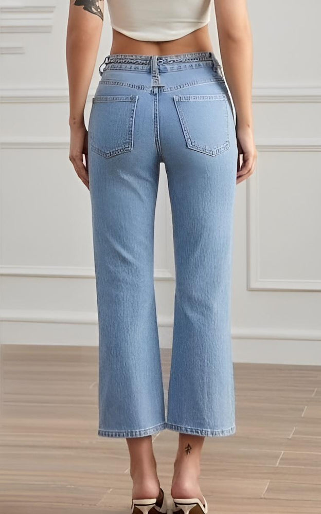 Pantalone Donna Jeans Tasche Bottone Cintura Strass Casual - LE STYLE DE PARIS