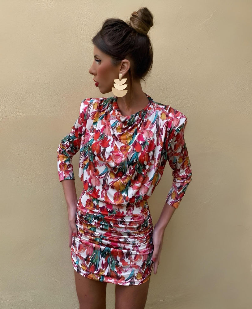 Vestito Donna Tubino Spalline Fantasia Fiori Multicolore Arricciato - LE STYLE DE PARIS