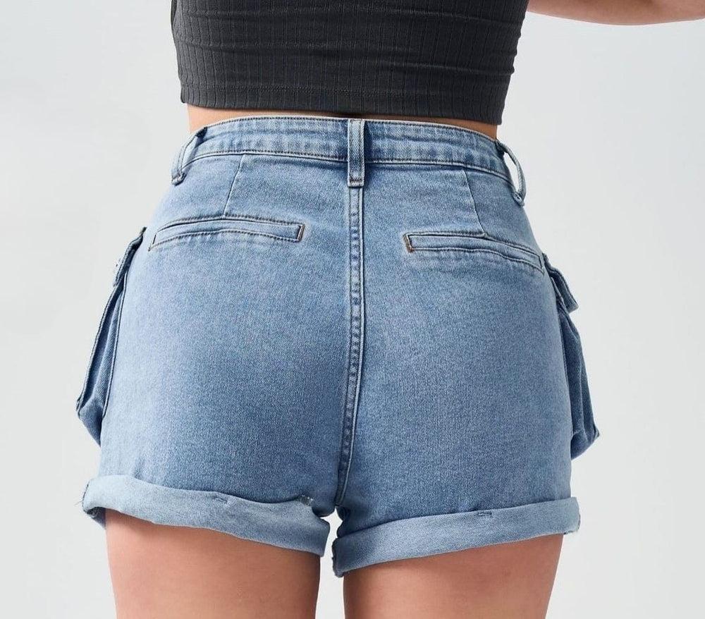 Shorts Donna Pantaloncino Risvolti Tasche Vita Alta Jeans Casual - LE STYLE DE PARIS