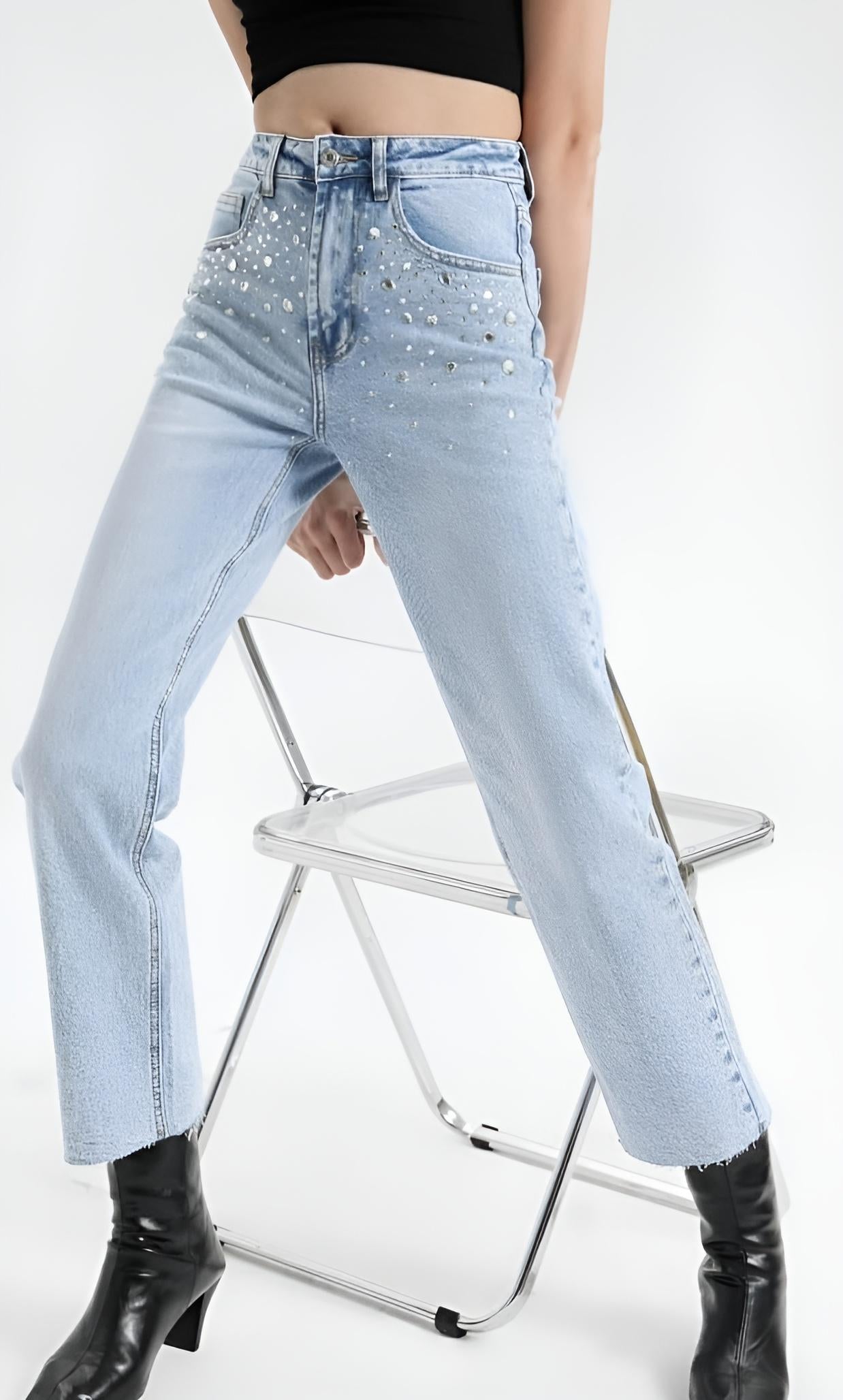 Pantalone Donna Jeans Strass Vita Alta Casual Comodo - LE STYLE DE PARIS