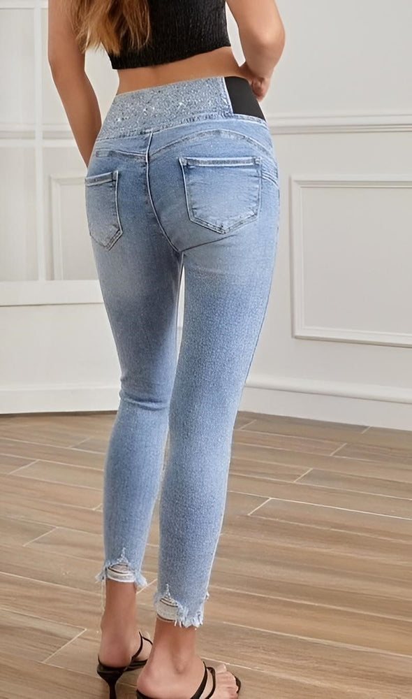 Pantalone Donna Jeans Strass Vita Alta Skinny Casual Comodo - LE STYLE DE PARIS