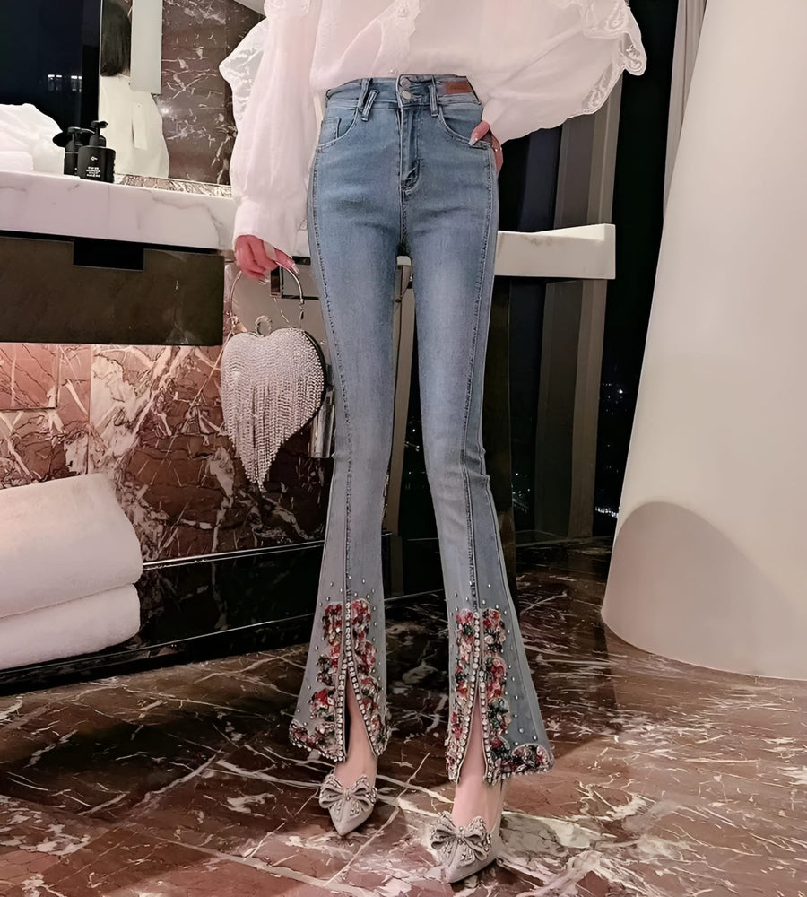 Pantalone Donna Jeans Vita Alta Strass Pietre Gioiello Spacco - LE STYLE DE PARIS