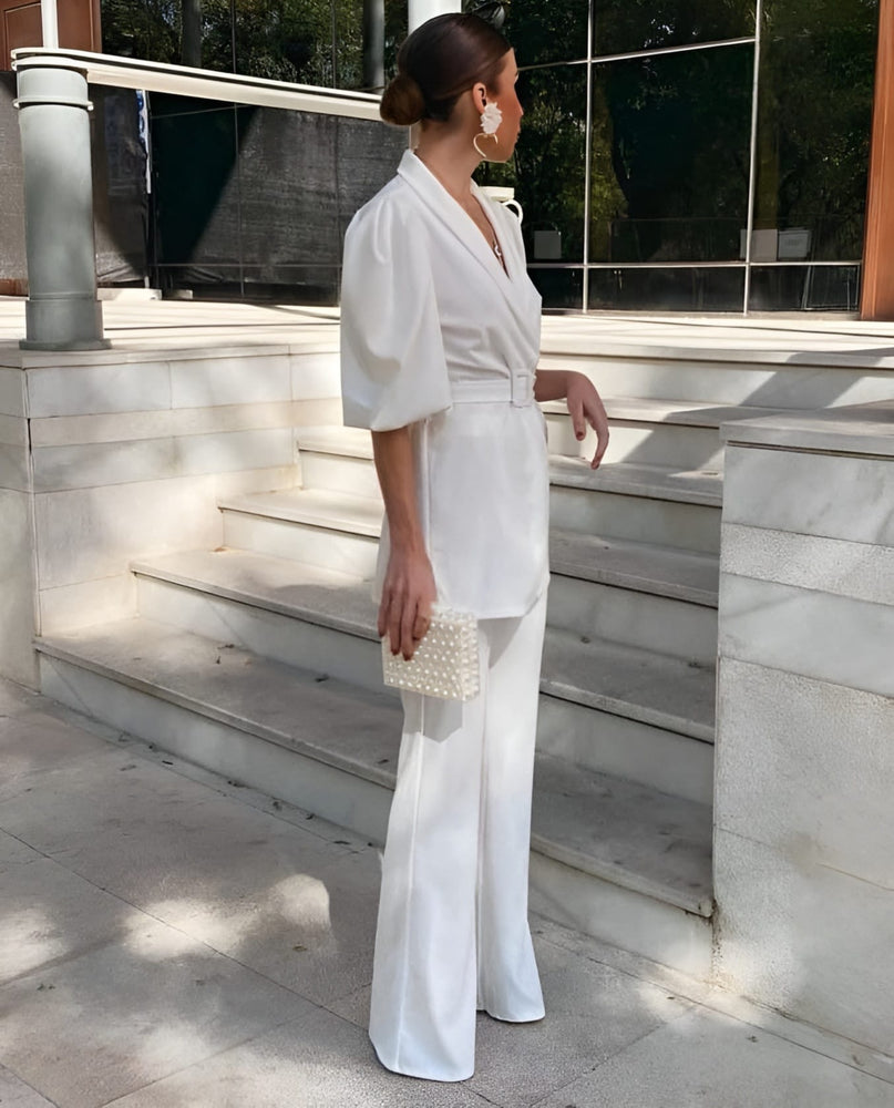 
                  
                    Tailleur Donna Giacca Mezza Manica Sbuffo Cintura Pantalone Zampa Elegante - LE STYLE DE PARIS
                  
                