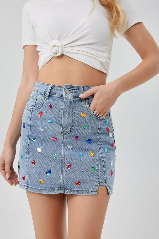 Gonna Donna Mini Denim Jeans Pietre Multicolore Gioiello Casual Easy - LE STYLE DE PARIS
