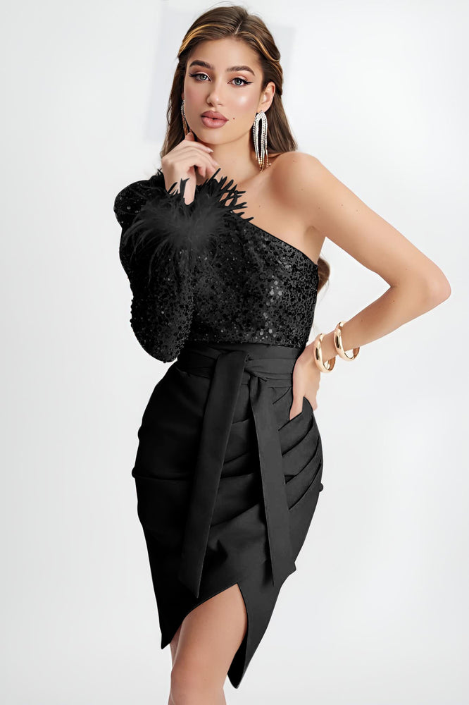 
                  
                    Vestito Donna Tubino Mono Spalla Piume Paillettes Spacco Fiocco Elegante Sensuale - LE STYLE DE PARIS
                  
                