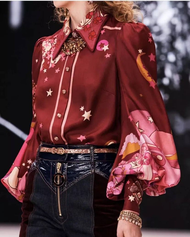 Camicia Donna Bottoni Fantasia Manica Sbuffo Elegante Casual - LE STYLE DE PARIS