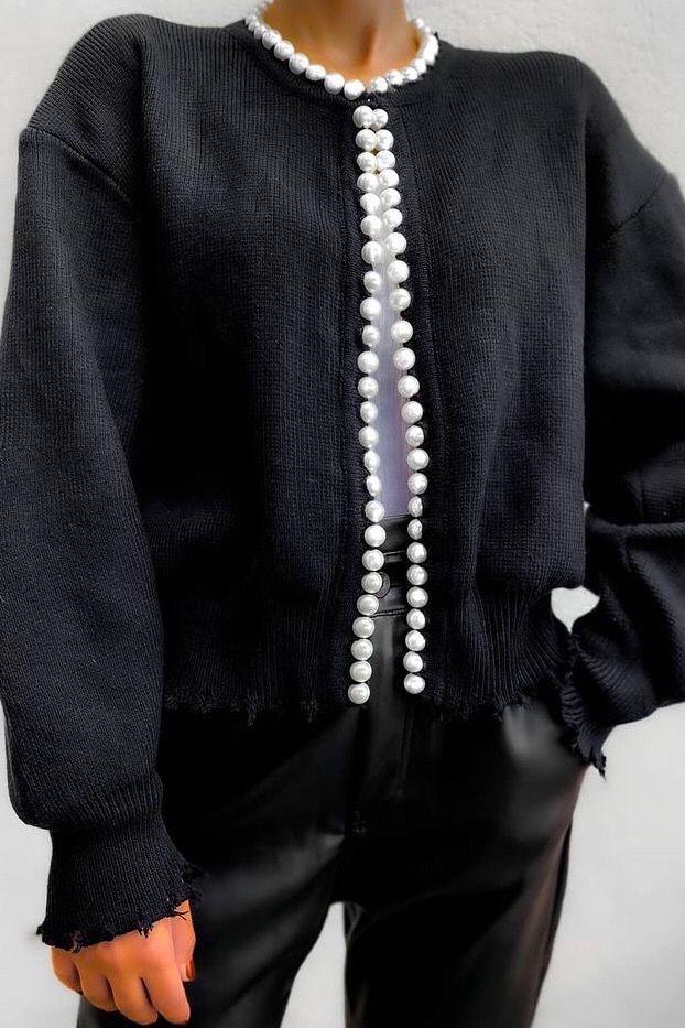 Giacca Donna Cardigan Perle Morbida Manica Lunga Casual Elegante
