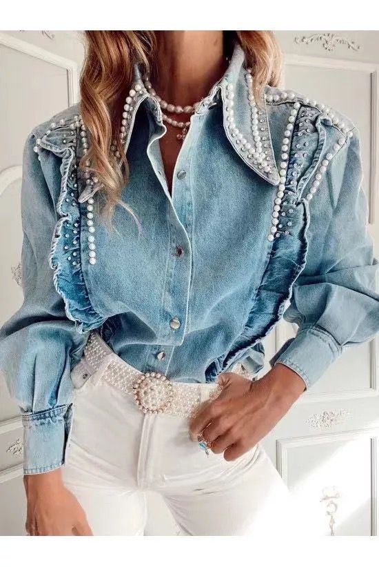 Camicia Donna Jeans Maniche Sbuffo Colletto Lungo Perline - LE STYLE DE PARIS