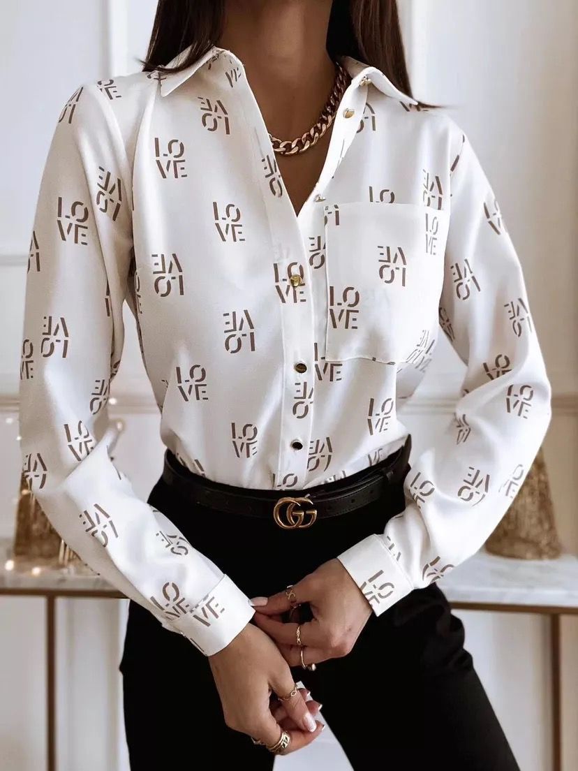 Camicia Donna Elegante Scollo V Manica Lunga Stampa Love - LE STYLE DE PARIS