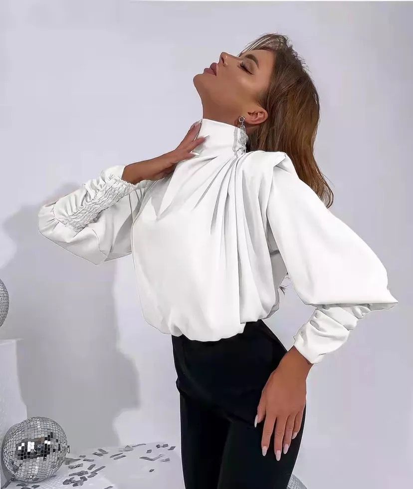 Blouse Woman Elegant Soft High Collar Long Sleeve Sexy Smurf