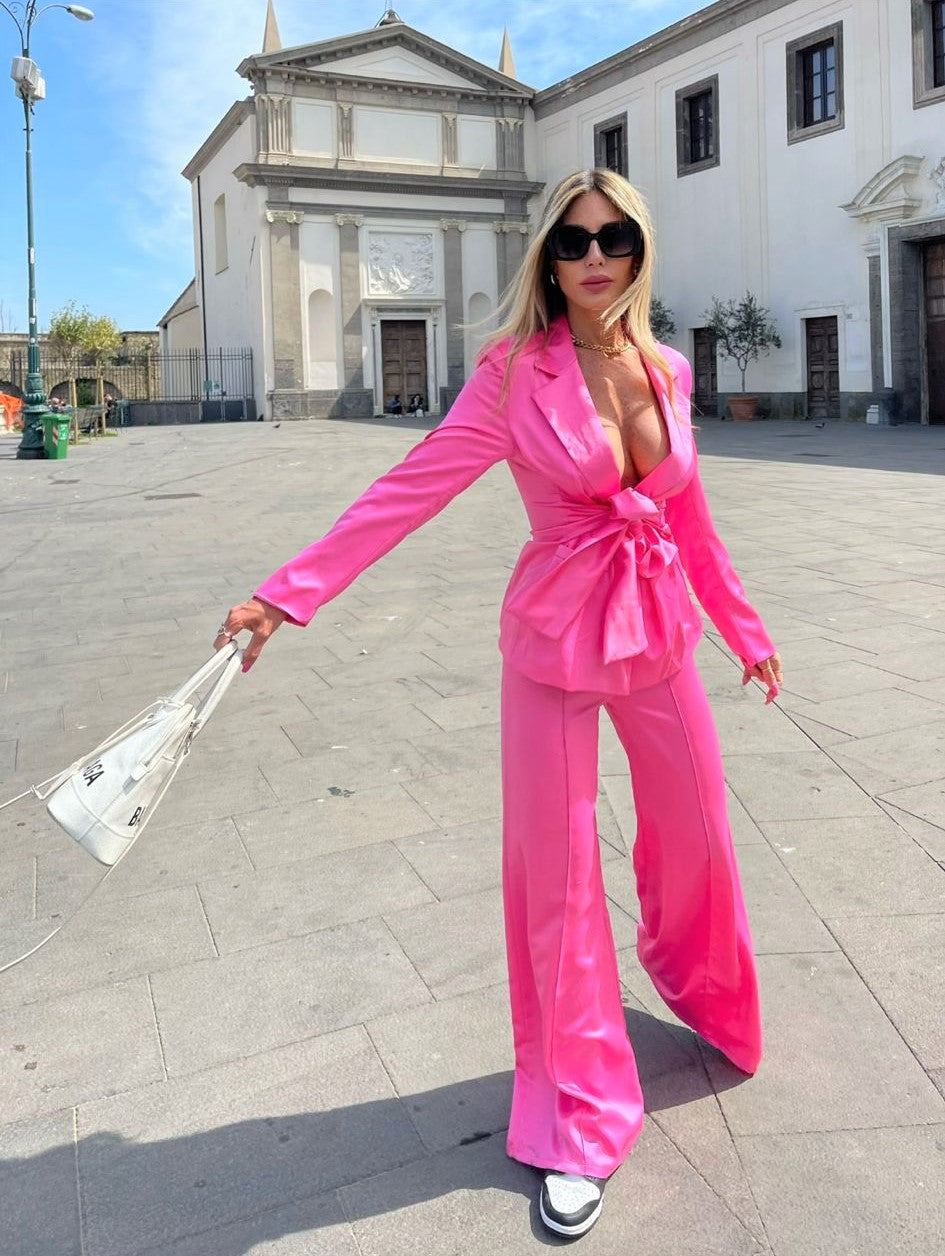 Tailleur Donna Giacca Fiocco Pantalone Zampa Morbido Casual Elegante - LE STYLE DE PARIS