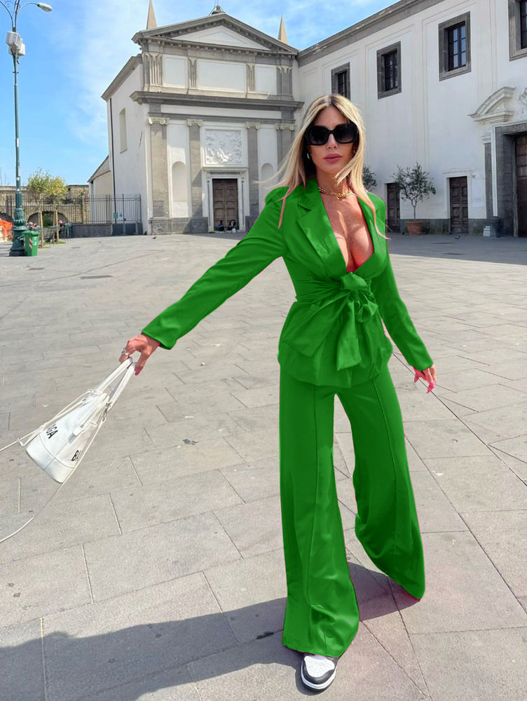 
                  
                    Tailleur Donna Giacca Fiocco Pantalone Zampa Morbido Casual Elegante - LE STYLE DE PARIS
                  
                