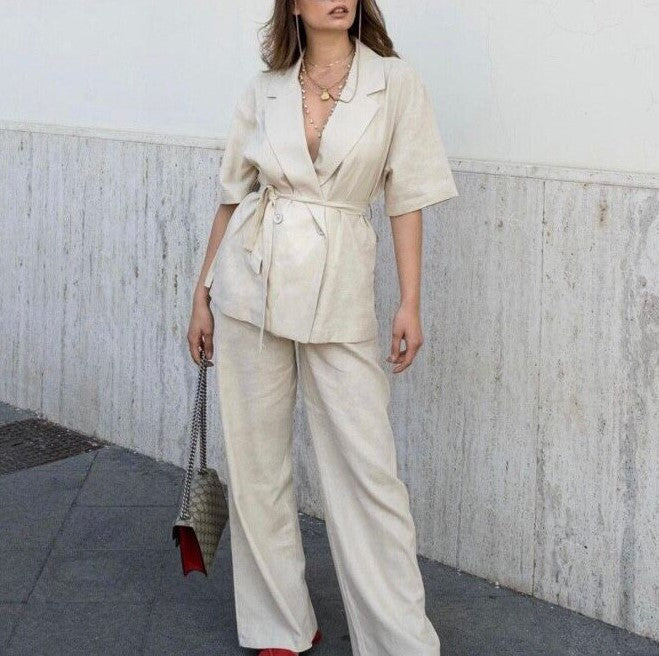 Tailleur Donna Giacca Bottoni Cintura Pantalone Palazzo Casual Elegante - LE STYLE DE PARIS