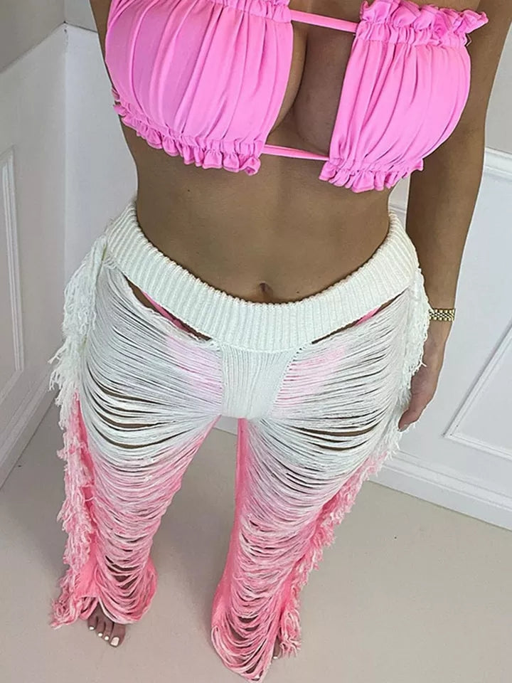 Pantalone Donna Vita Alta Strappi Frange Cover Up Sensuale Sexy - LE STYLE DE PARIS
