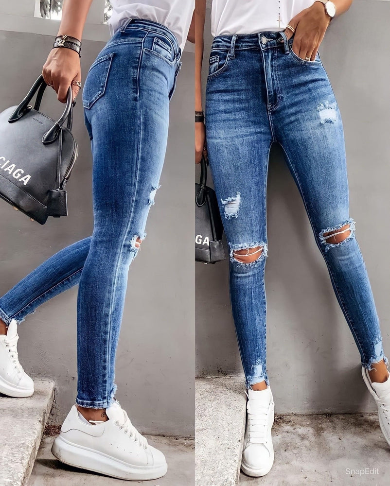 Pantalone Donna Jeans Tasche Strappi Vita Alta Skinny Aderente Casual - LE STYLE DE PARIS