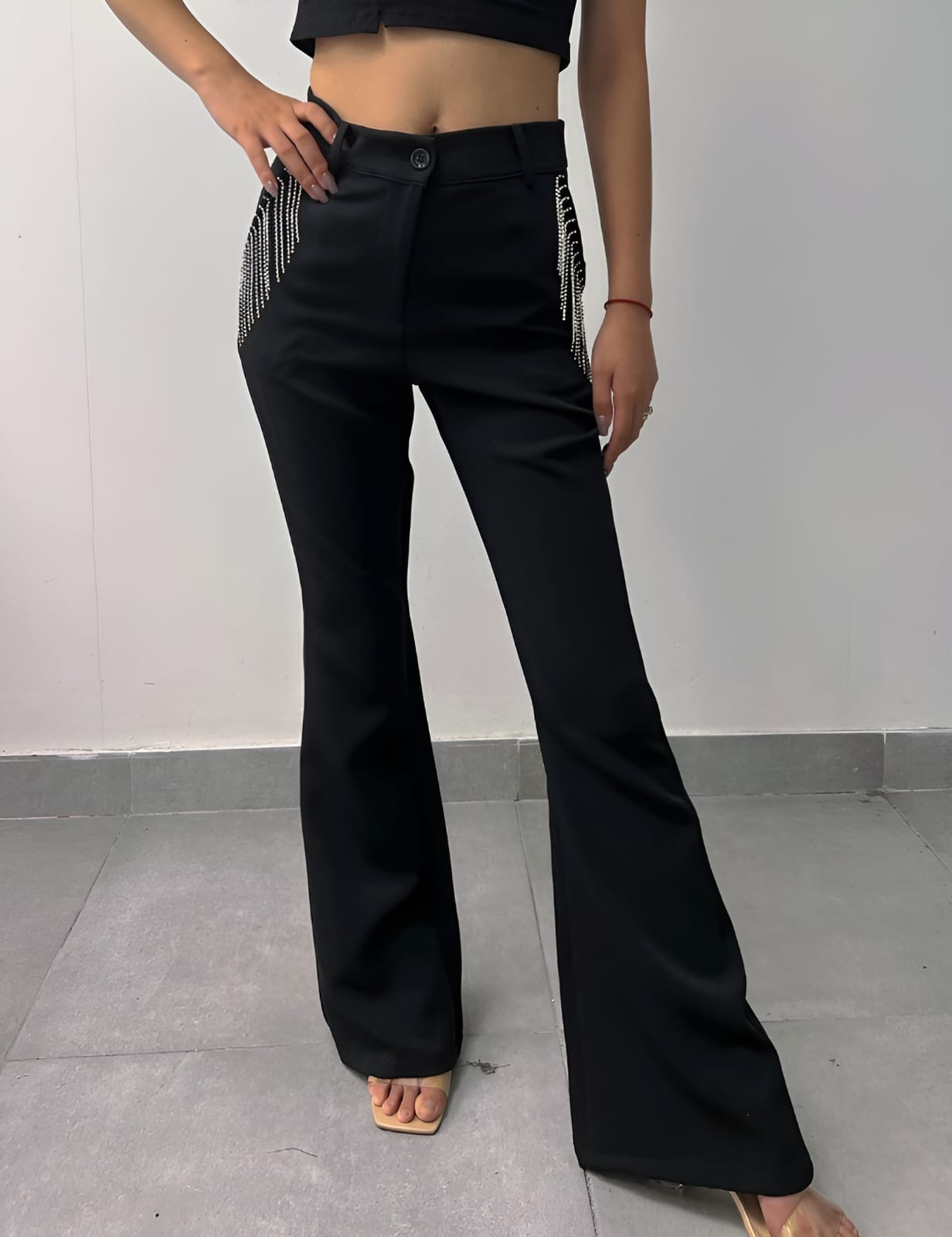 Pantalone Donna Vita Alta Zampa Frange Strass Sensuale Elegante - LE STYLE DE PARIS