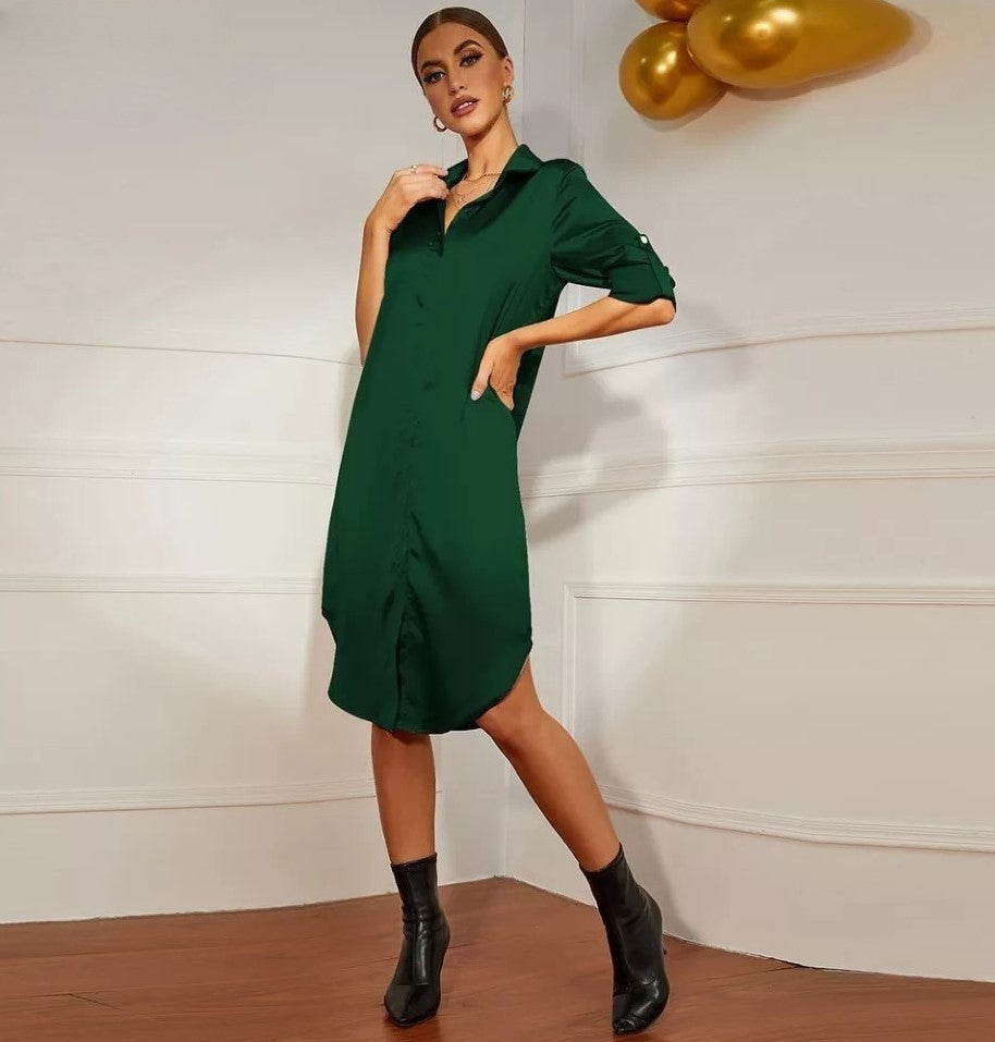 Vestito Donna Camicione Scollo V Colletto Bottoni Morbido Casual Elegante - LE STYLE DE PARIS