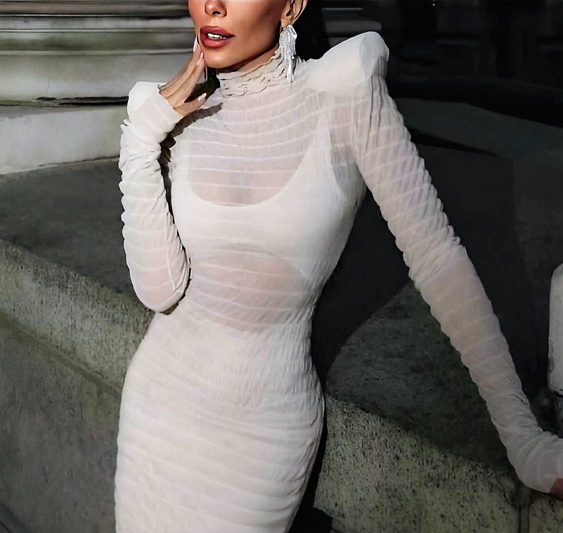 Vestito Donna Tubino Arricciato Velato Spalline Elegante Sensuale Aderente - LE STYLE DE PARIS