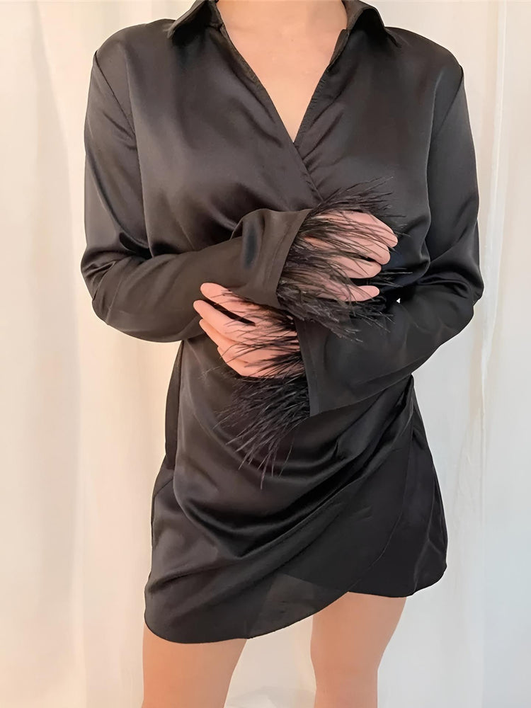 Vestito Donna Scollo V Incrocio Manica Lunga Piume Casual Elegante Sensuale - LE STYLE DE PARIS