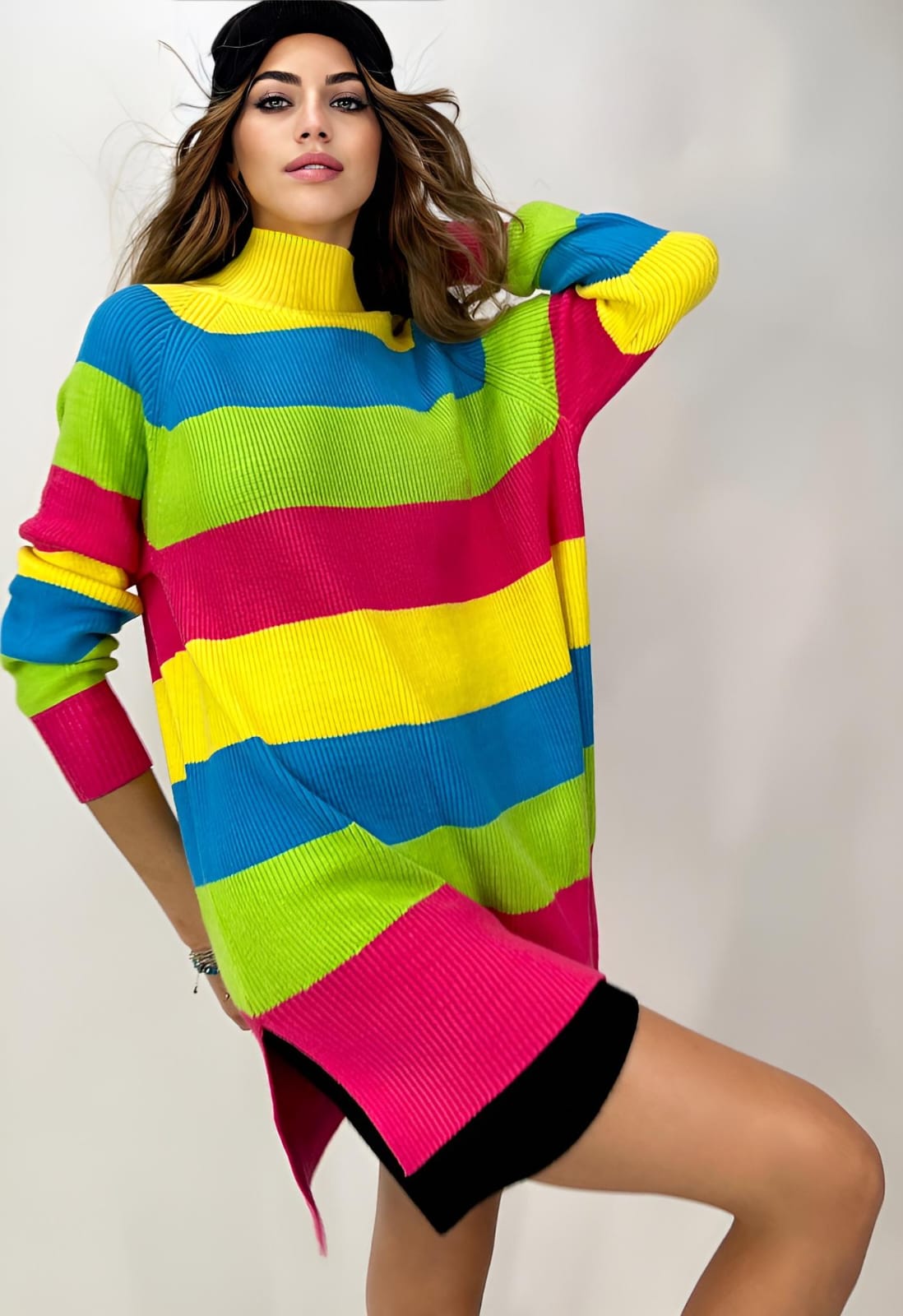 Vestito Donna Maxi Pull Collo Alto Multicolore Morbido Caldo Casual Sensuale - LE STYLE DE PARIS