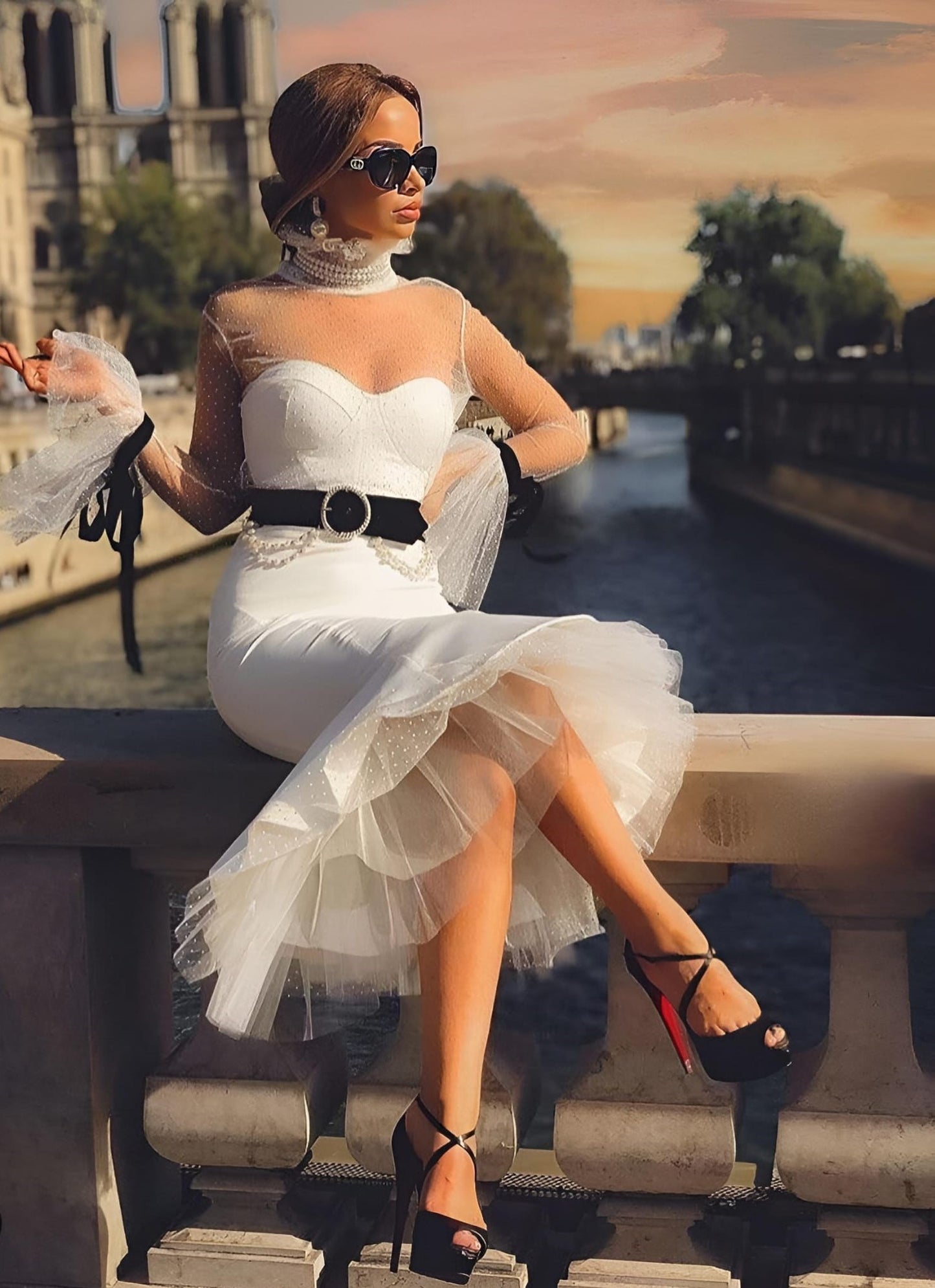 Abito Donna Longuette Tulle Rush Perle Cintura Fiocchi Bicolore Elegante Sensuale - LE STYLE DE PARIS