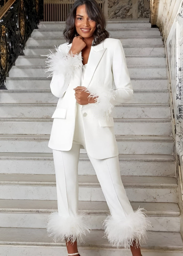Tailleur Donna Completo Smoking Giacca Bottone Pantalone Slim Piume Elegante - LE STYLE DE PARIS
