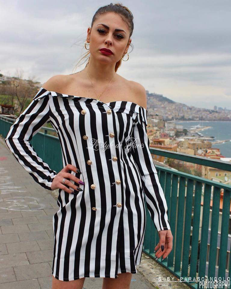 Vestito Donna Corto Fantasia Righe Scollo Barca Manica Lunga - LE STYLE DE PARIS