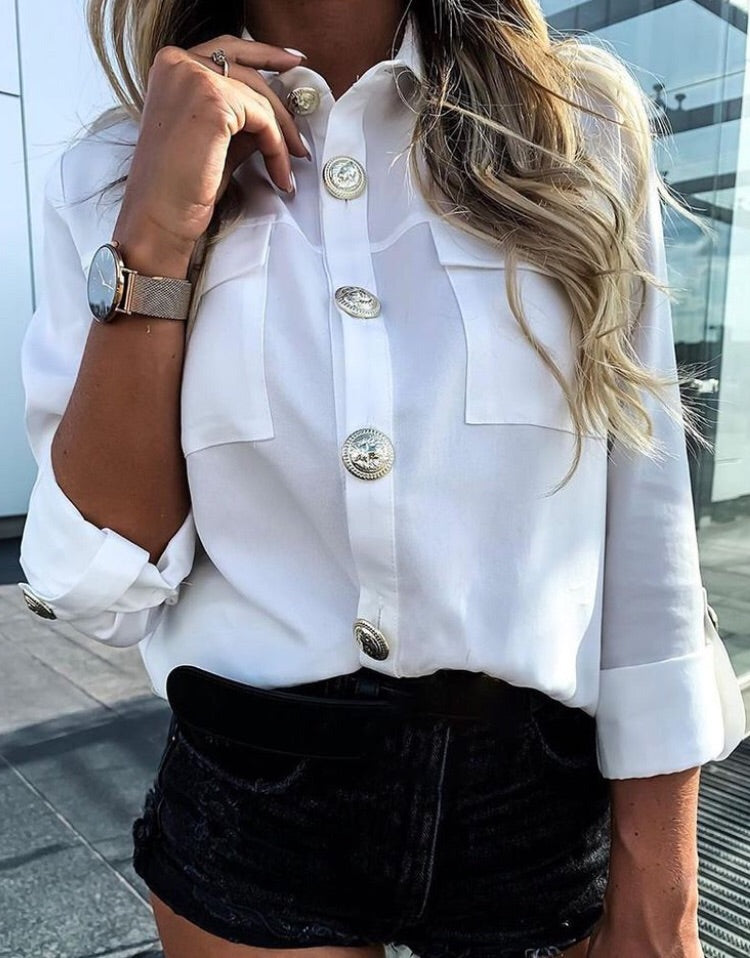 Camicia Donna Bottoni Manica Lunga Tasche Casual Elegante - LE STYLE DE PARIS