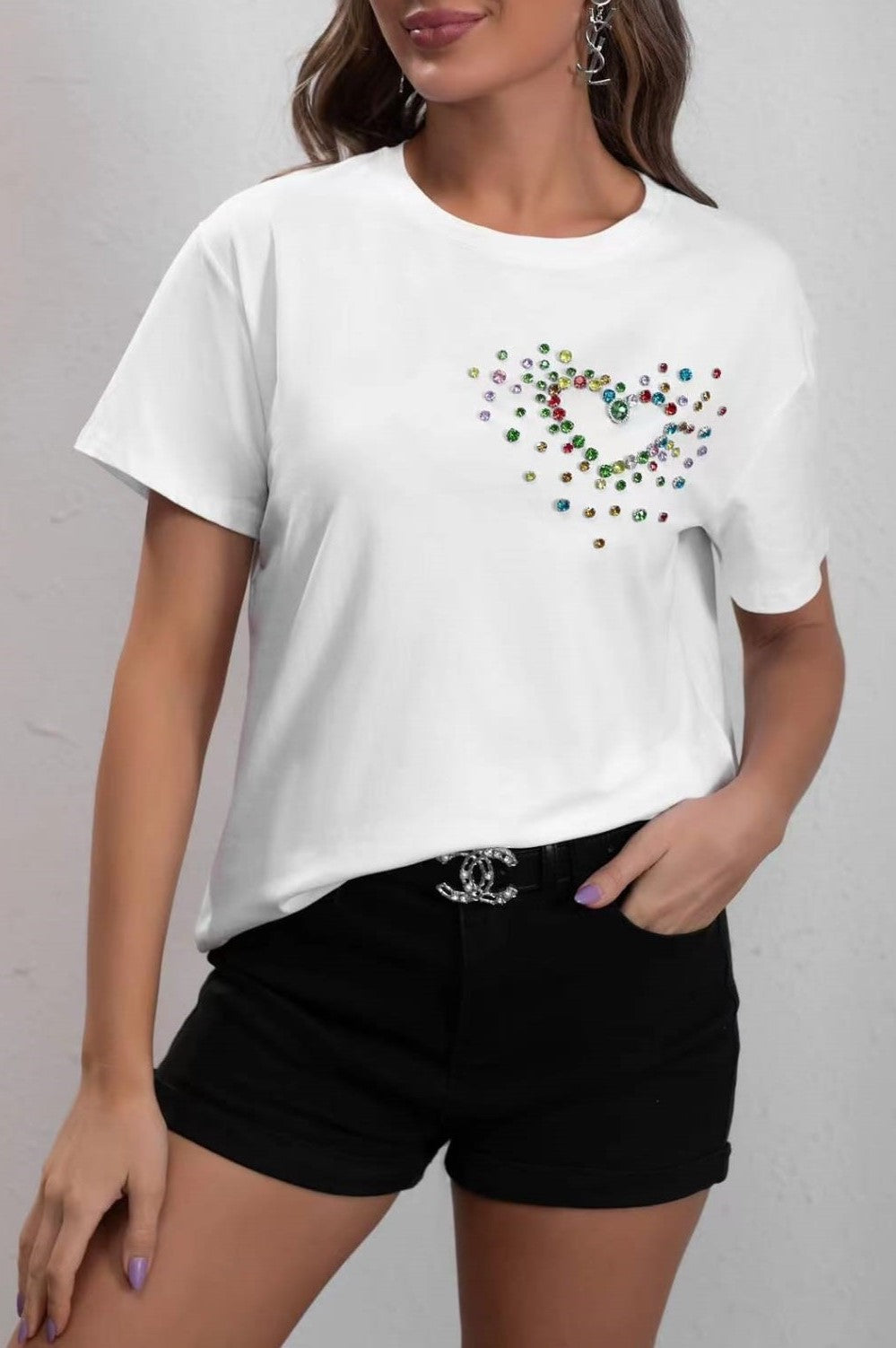Maglia Donna T Shirt Mezza Manica Pietre Multicolore Gioiello Morbida - LE STYLE DE PARIS