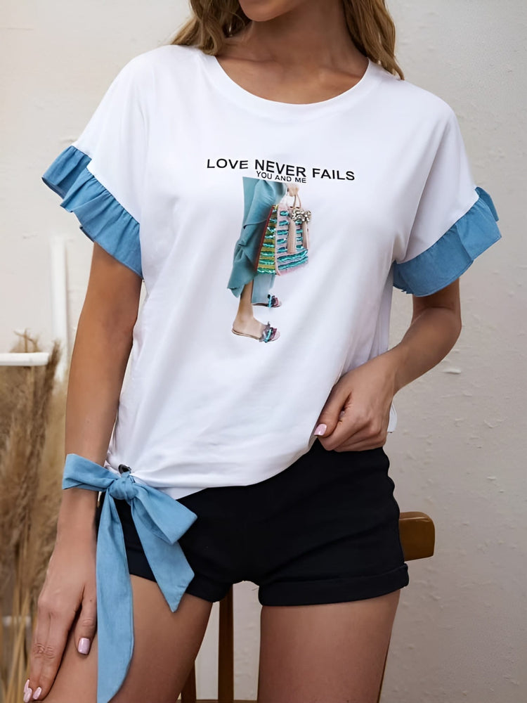 Maglia Donna T Shirt Mezza Manica Volant Fiocco Casual Stampa - LE STYLE DE PARIS