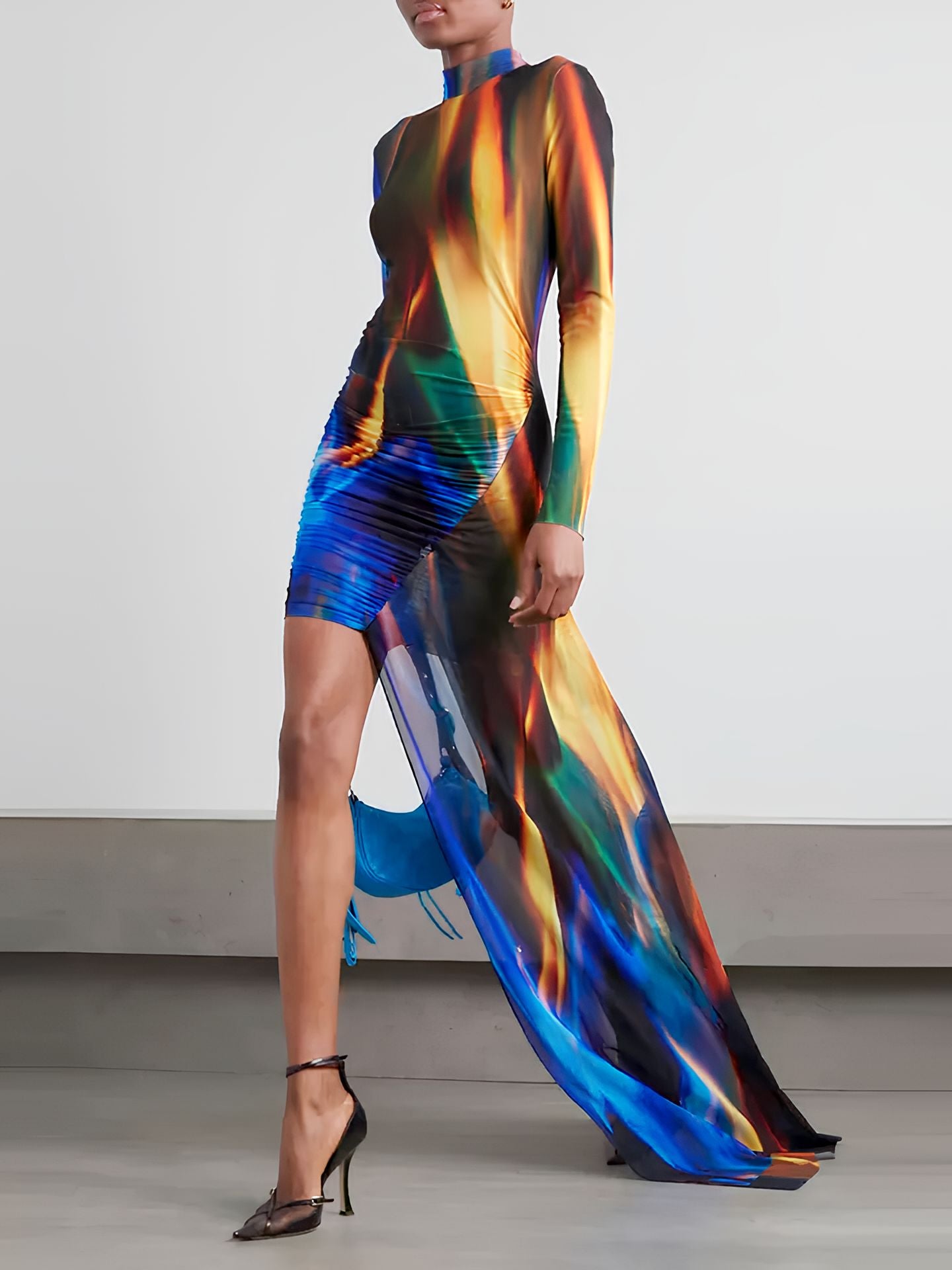Vestito Donna Tubino Aderente Tulle Multicolore Manica Lunga Strascico Elegante - LE STYLE DE PARIS