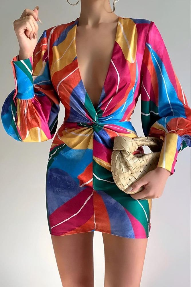 Vestito Donna Tubino Scollo V Profondo Manica Sbuffo Multicolore Casual Elegante Sensuale - LE STYLE DE PARIS