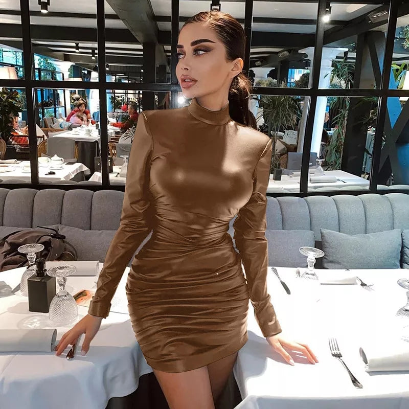 Vestito Donna Tubino Ecopelle Manica Lunga Aderente Sensuale Elegante Casual - LE STYLE DE PARIS