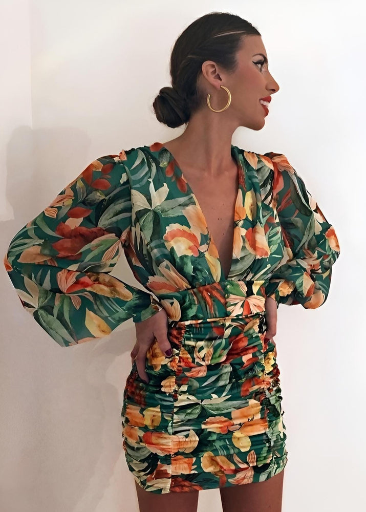 Vestito Donna Tubino Scollo V Manica Sbuffo Arricciato Fantasia Floreale - LE STYLE DE PARIS
