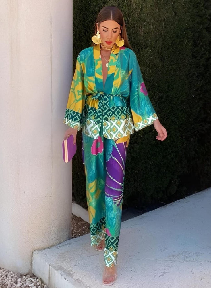 Completo Donna Kimono Pantalone Fantasia Multicolore Scollo V Easy - LE STYLE DE PARIS