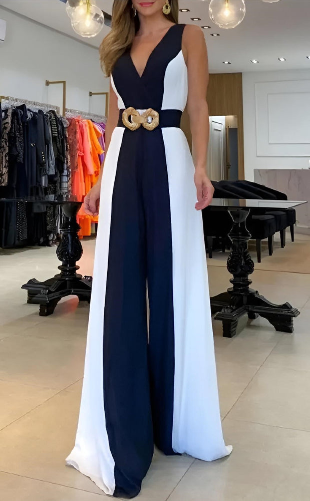 Tuta Donna Scollo Cuore Pantalone Palazzo Bicolore Bretelle Elegante - LE STYLE DE PARIS
