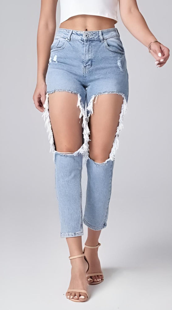 Pantalone Donna Jeans Cut Out Strappi Tasche Vita Alta Casual - LE STYLE DE PARIS